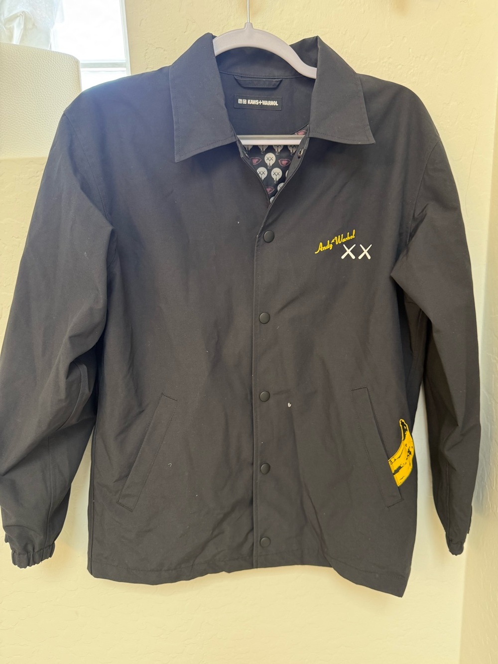 LIKE NEW! Black Kaws Warhol Jacket with Yellow Banana Accent. Size S.